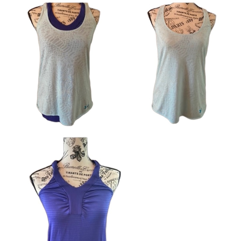 Under armour double tank top set - purple and sea foam green racer back tanks.
